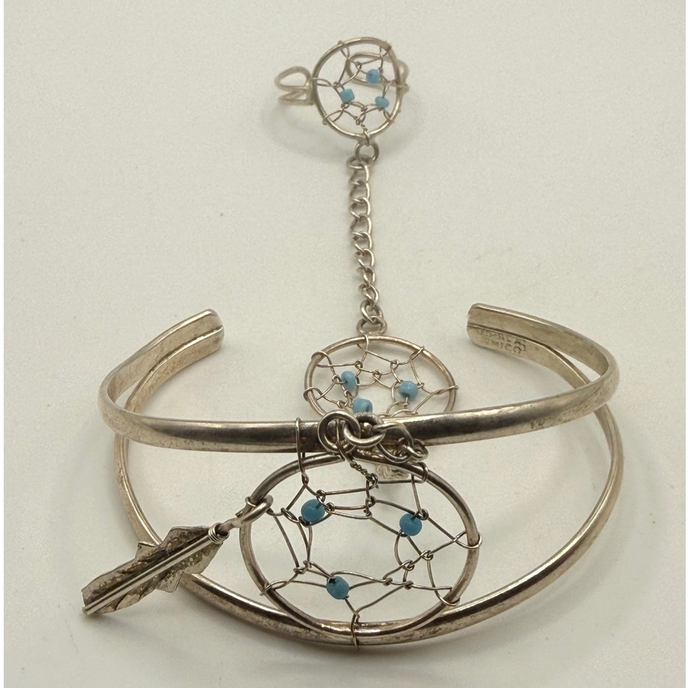 Alpaca Mexico Dreamcatcher Bracelet Hand Chain Ring Blue Bead Boho Feather Cuff